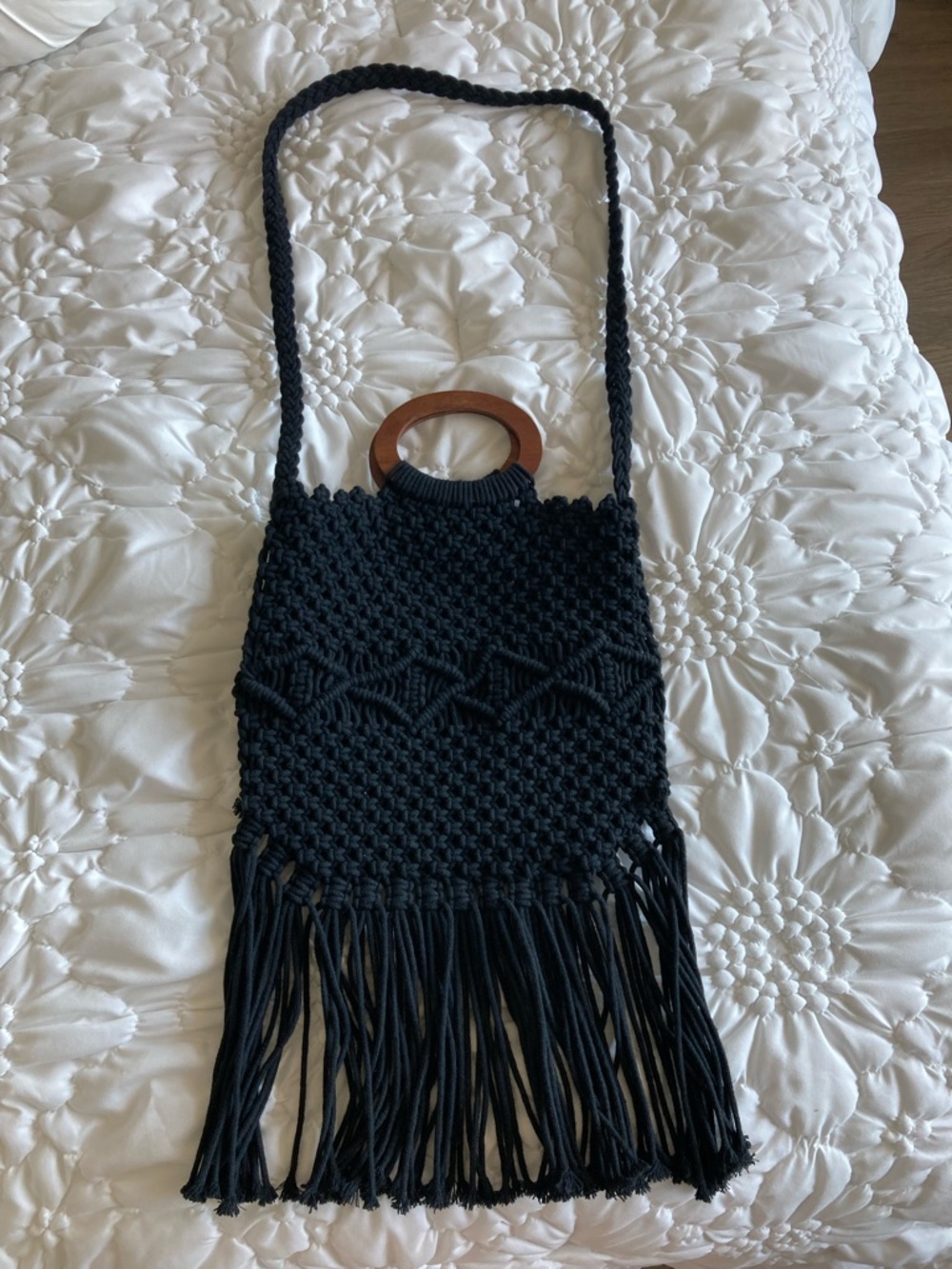 Handwoven Black Macramé Fringe Crossbody Bag with Wood Handle danielle nicole